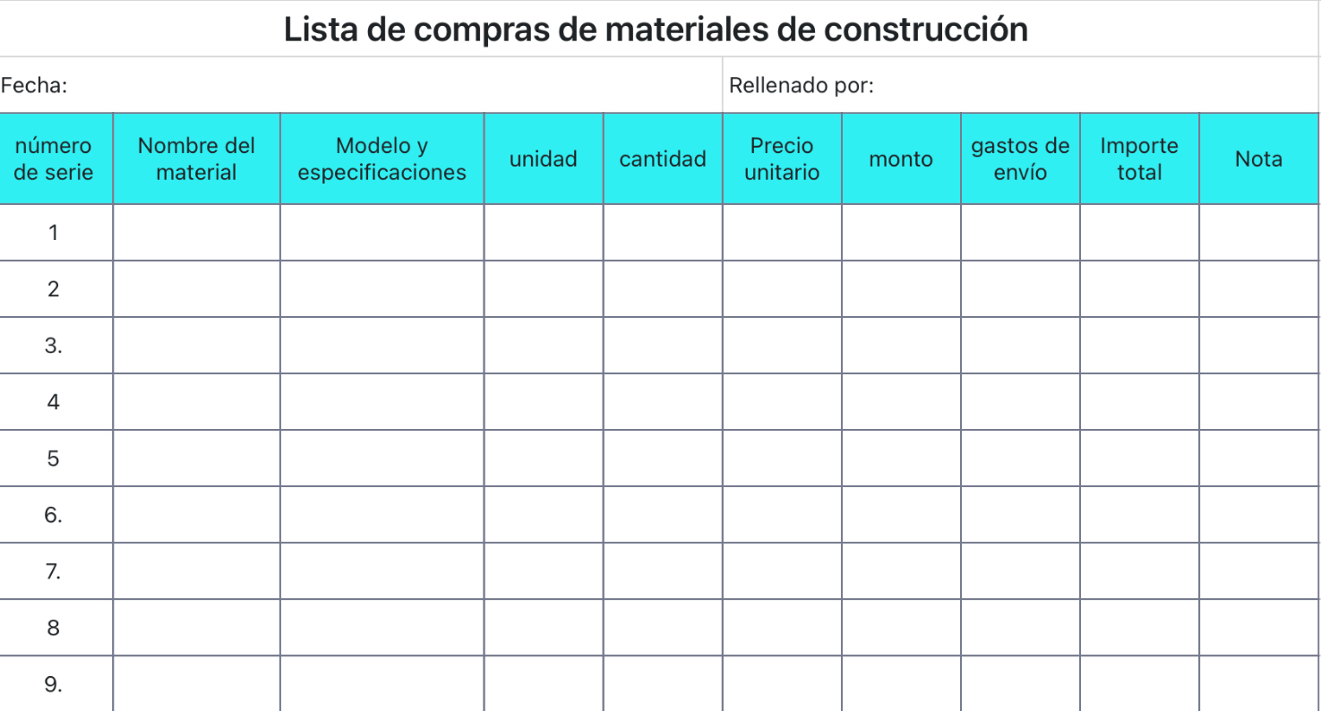 Lista de compras de materiales de construcción